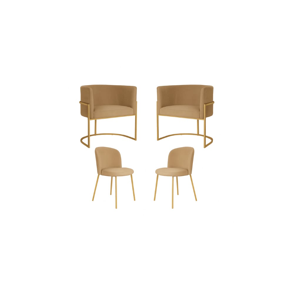 Kit 2Poltronas Decorativa Luana Base Gold e 2 Cadeiras Elegance Veludo Cappucino- Montanaris Decor