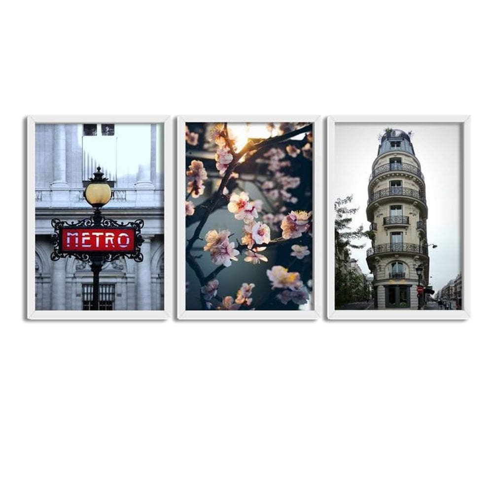 Kit 3 Quadros Decorativos Com Moldura Branca Metro City