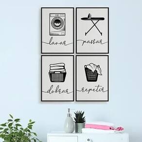 Kit 4 Quadros Decorativos Para Lavanderia 24X18Cm - Preta