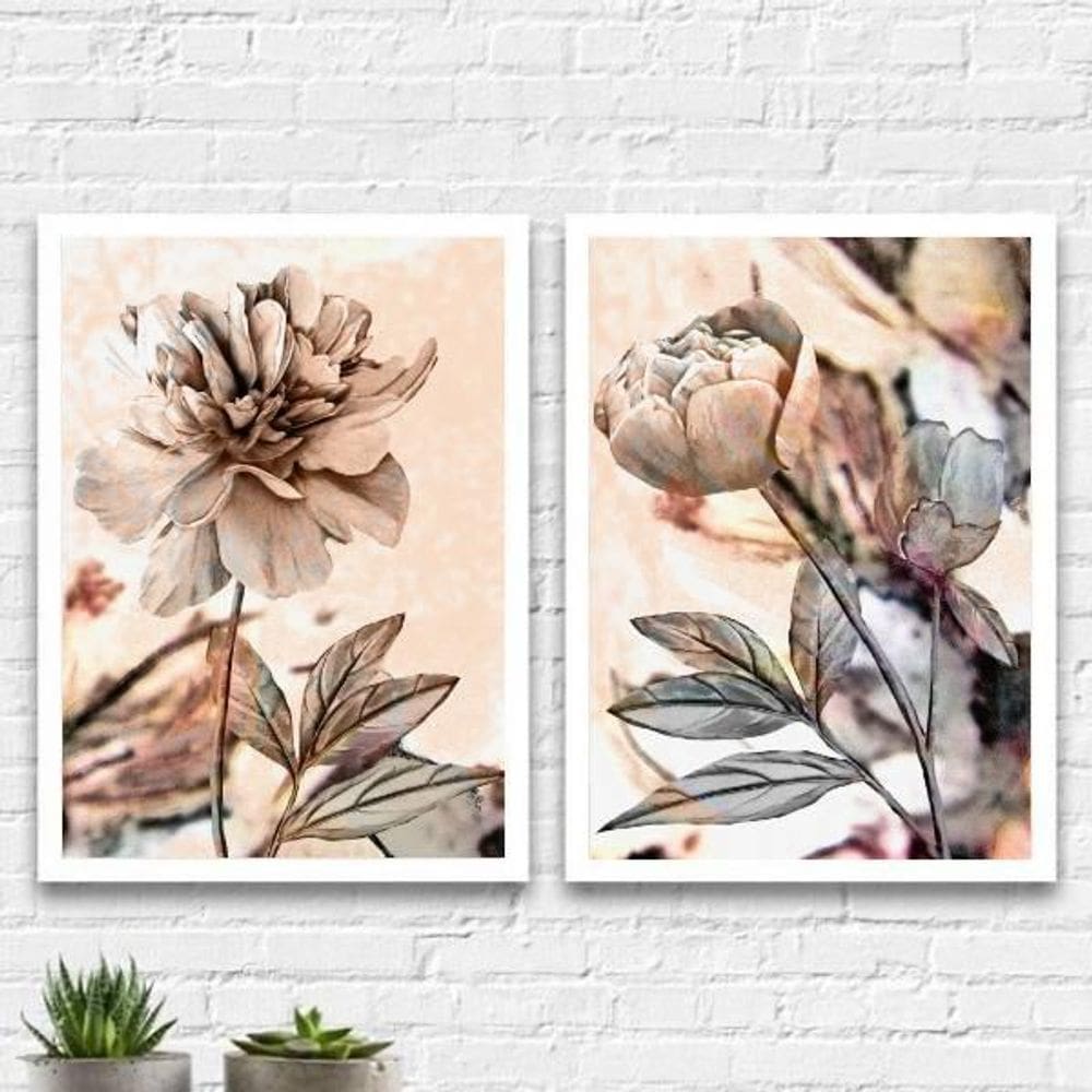Quadros Florais Modernos Moldura Branca 24X18Cm 2 Peças