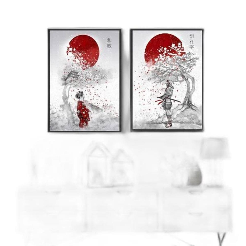 Kit 2 Quadros Decorativo Arte Japonesa 24X18 Com Vidro Preta