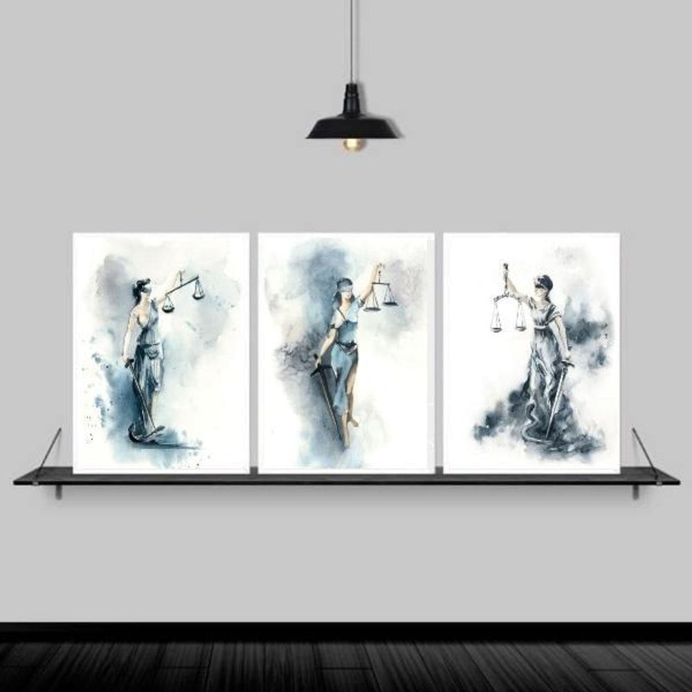 Quadros Deusa Justiça Azul Moldura Branca Vidro 33X24Cm 3Un