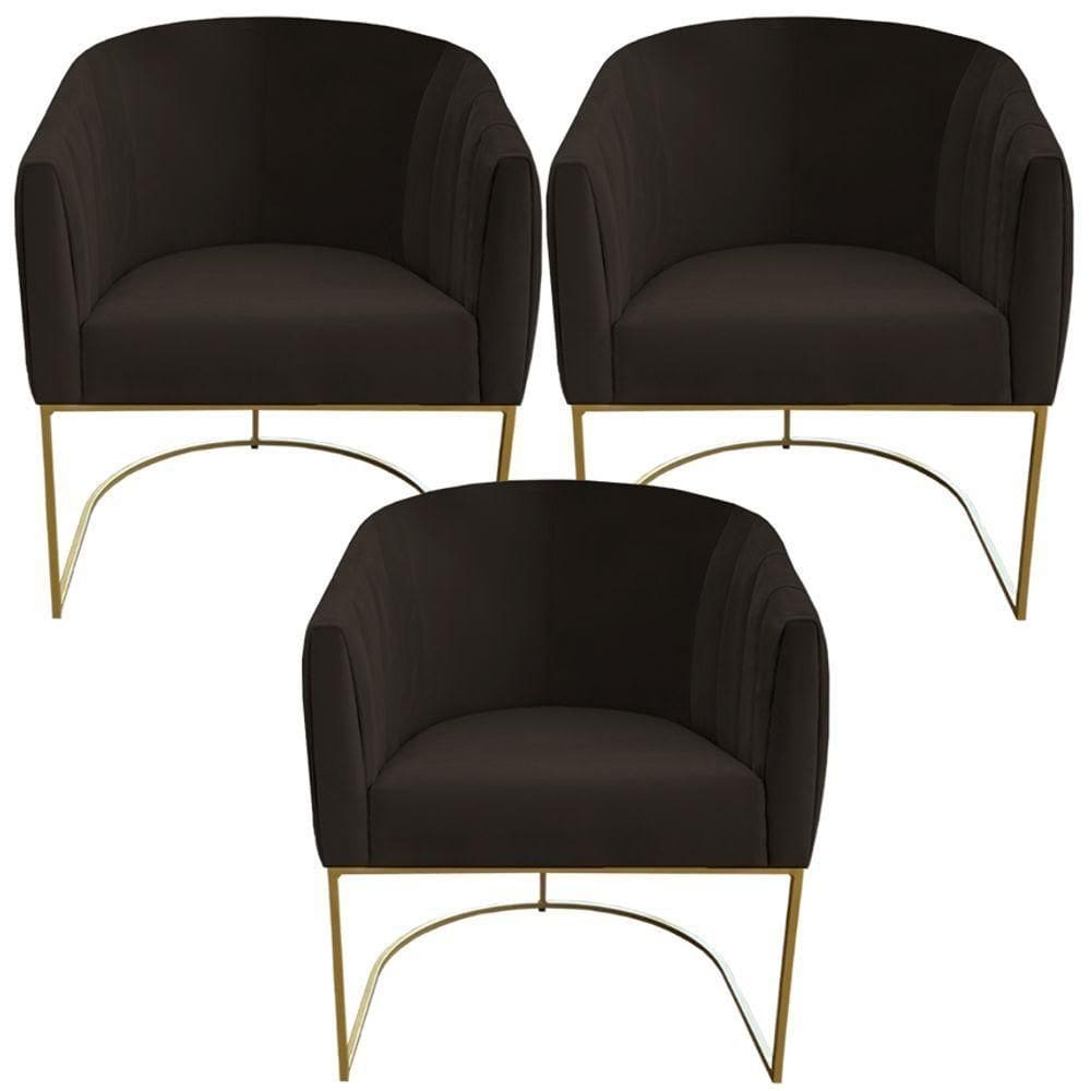 Kit 03 Poltrona Julia Com Base De Ferro Sala De Estar Escritório Recepção Clinica Suede Marrom D`classe Decor