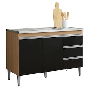 Balcão De Cozinha Com Pia Inox 120cm 3 Gavetas Andréia Amêndoa-preto - Ajl Móveis