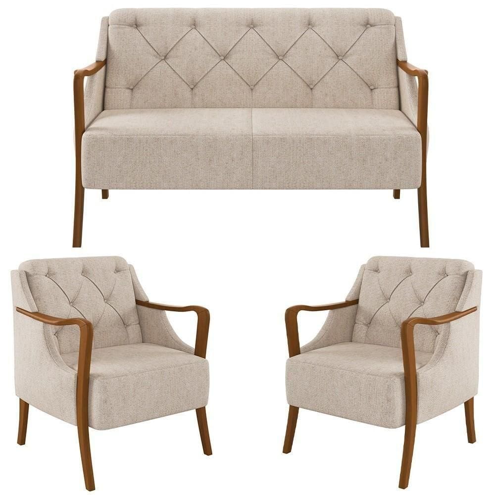 Kit Namoradeira 135cm E 2 Poltronas Decorativas Capitonê Lapa M22 Linho Cru Liso - Mpozenato
