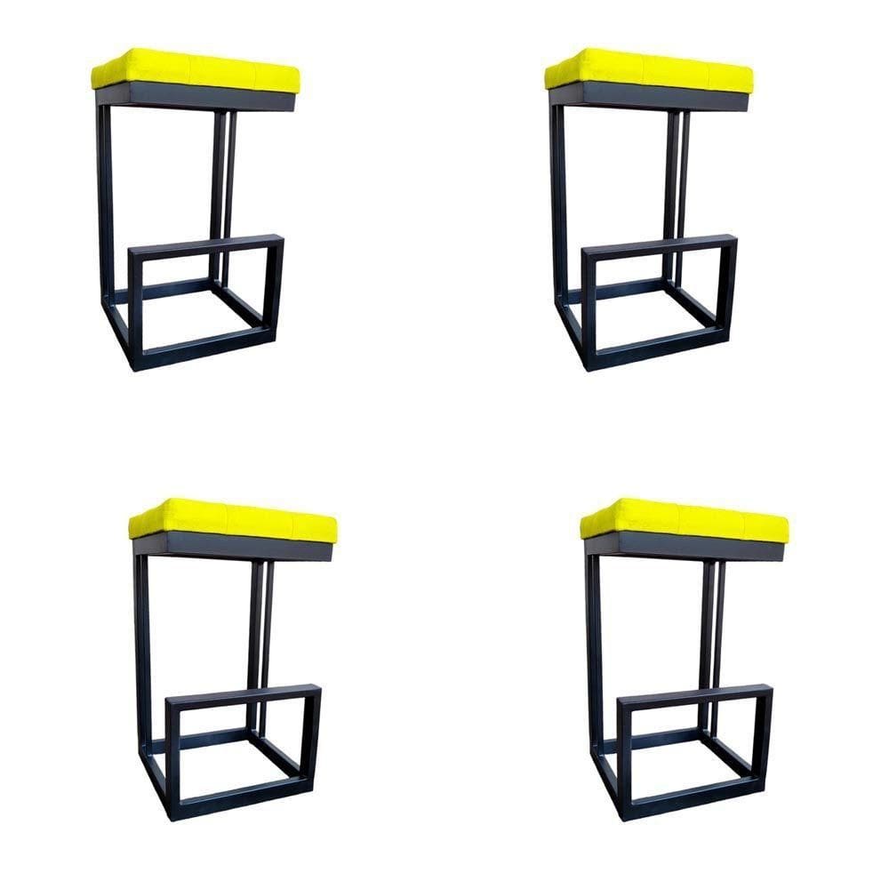 Kit 04 Banquetas Londres Base De Ferro Sued Amarelo D`classe Decor