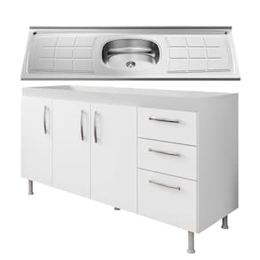 Balcão Gabinete Nathan E Pia Inox 160cm 3 Portas - Nathy Móveis Branco