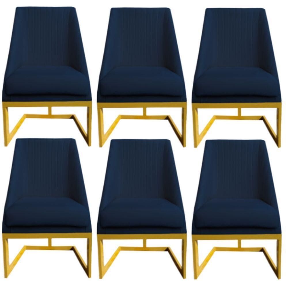 Kit 06 Cadeiras Para Sala De Jantar Ana Base De Ferro Veludo Azul Marinho D`classe Decor