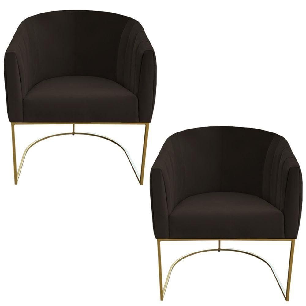 Kit 02 Poltrona Julia Com Base De Ferro Sala De Estar Escritório Recepção Clinica Suede Marrom D`classe Decor