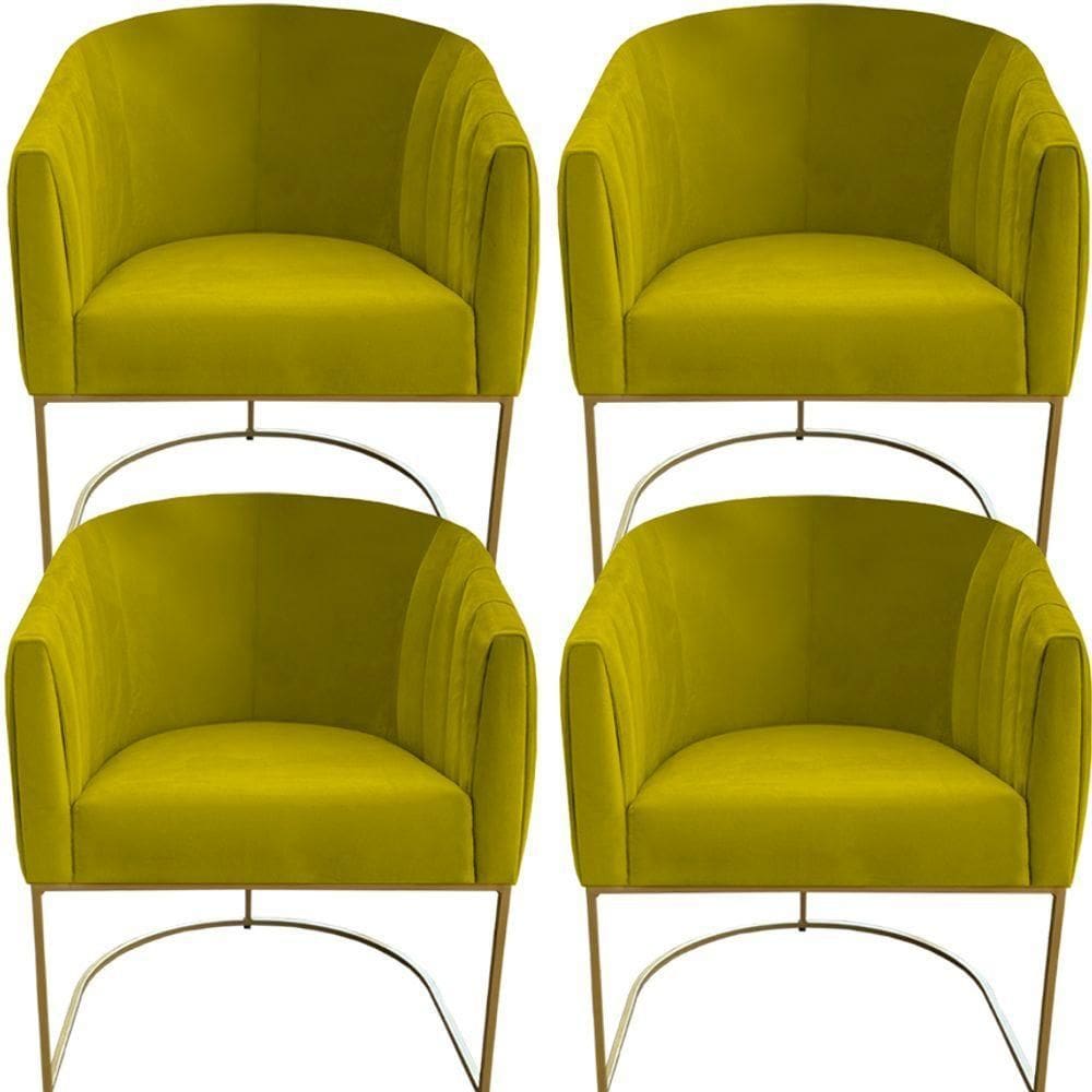 Kit 04 Poltrona Julia Com Base De Ferro Sala De Estar Escritório Recepção Clinica Suede Amarelo D`classe Decor