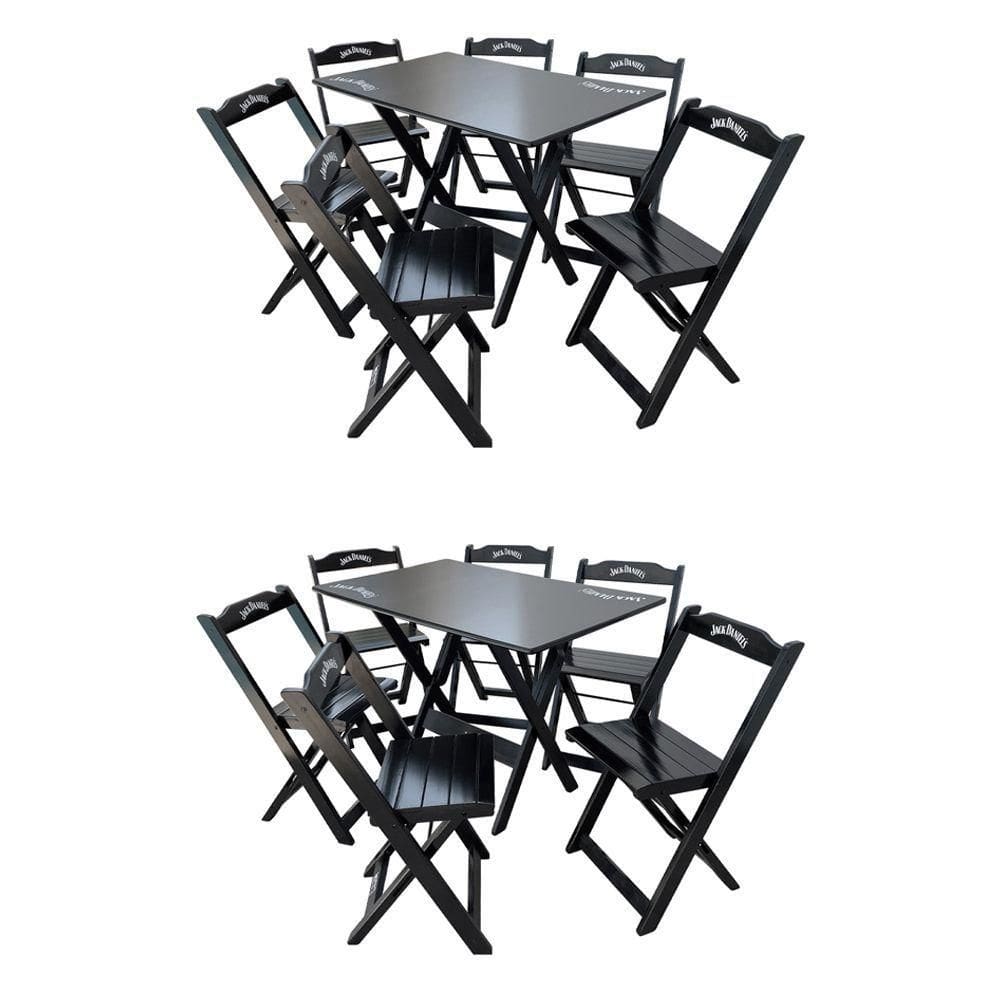 Kit 2 Conjuntos Mesa Dobrável Madeira 110x70 Com 6 Cadeiras Personalizada Jack Preta - Tarimatã