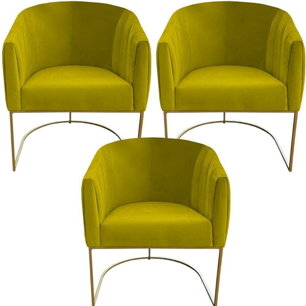 Kit 03 Poltrona Julia Com Base De Ferro Sala De Estar Escritório Recepção Clinica Suede Amarelo D`classe Decor