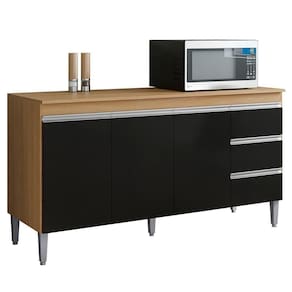 Balcão De Cozinha Com Tampo 160cm 3 Gavetas Andréia Amêndoa-preto - Ajl Móveis