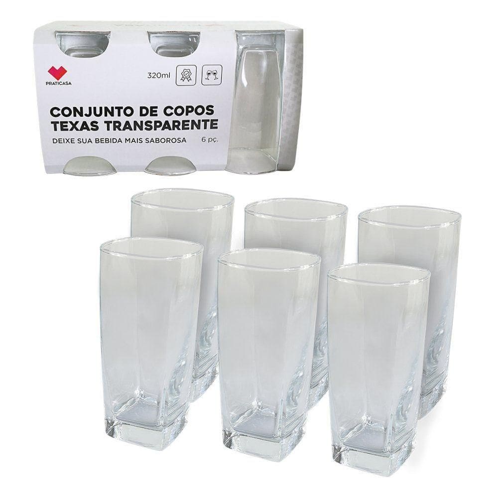 Jogo 6 Copos Quadrado Texas Bali Vidro 320ml Transparente Luxo
