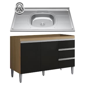 Balcão De Cozinha Com Pia Inox 100cm 3 Gavetas Andréia Amêndoa-preto - Ajl Móveis