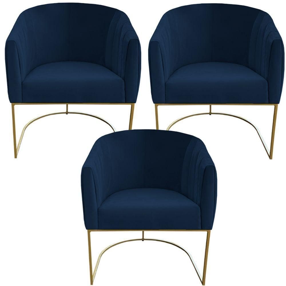 Kit 03 Poltrona Julia Com Base De Ferro Sala De Estar Escritório Recepção Clinica Suede Azul Marinho D`classe Decor