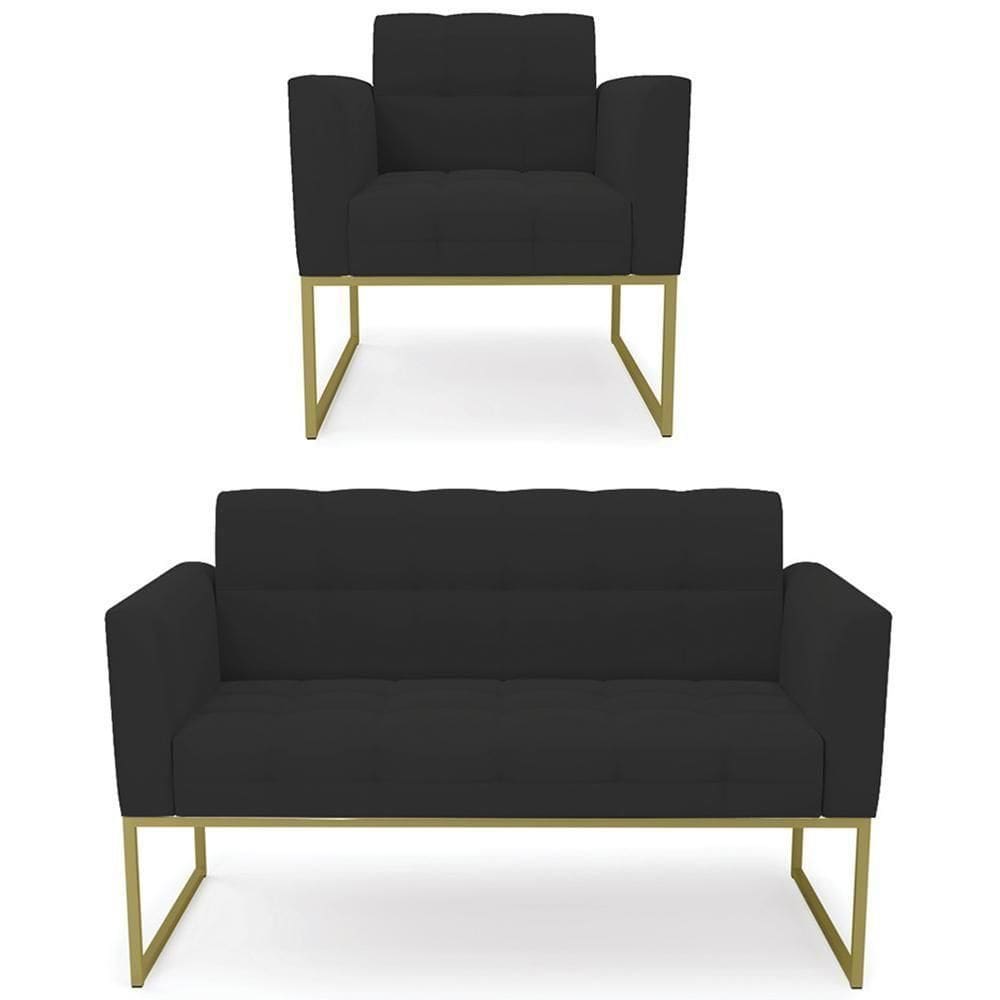 Sofá Namoradeira E 1 Poltrona Base Industrial Dourado Ana Veludo Preto - Ibiza