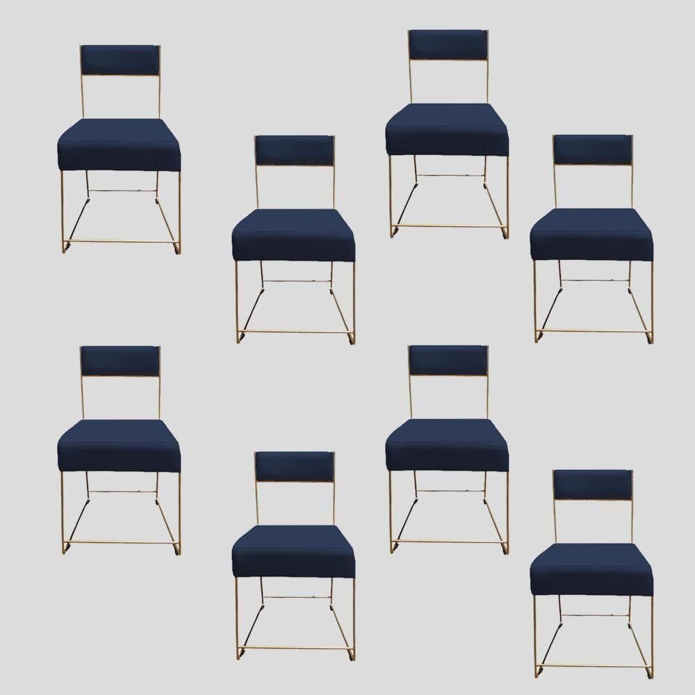 Kit 08 Cadeiras Atena Base De Ferro Maciço Dourada Veludo Azul Marinho D`classe Decor