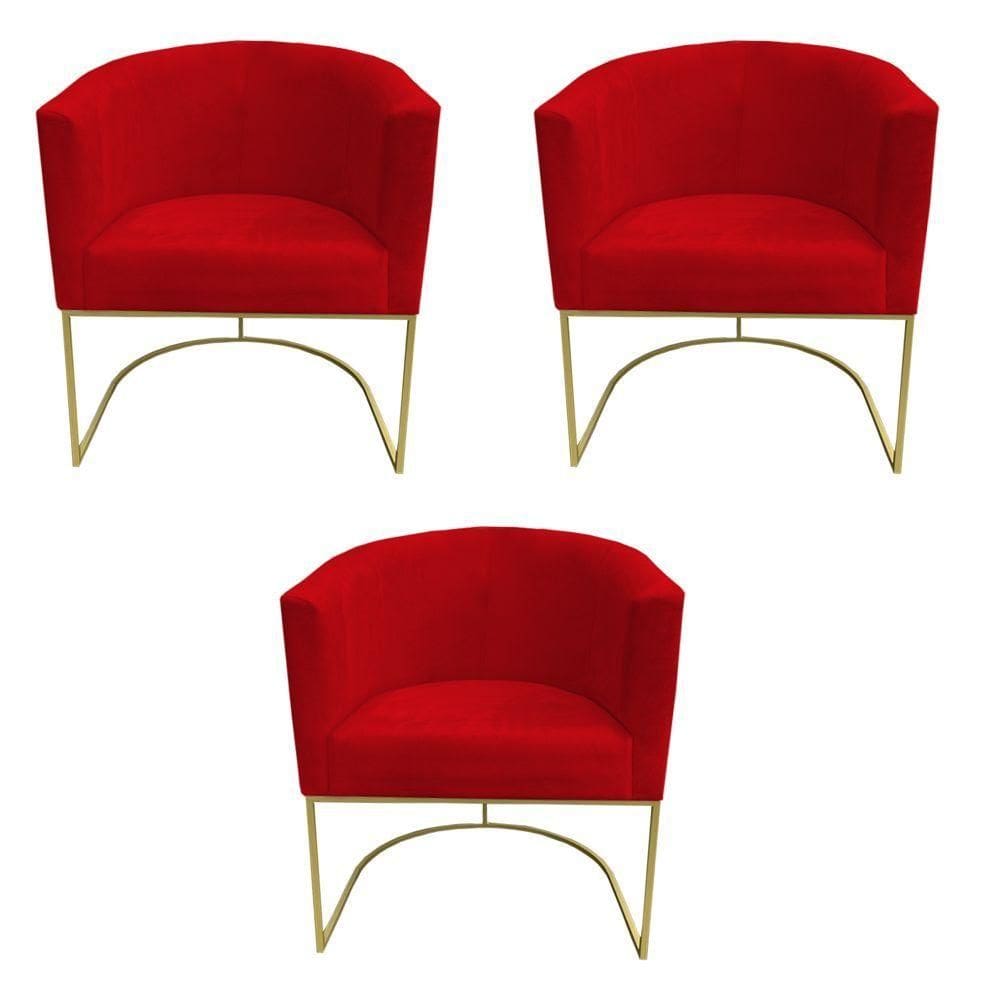 Kit 03 Poltronas Paola Base De Ferro Sued Vermelho D`classe Decor
