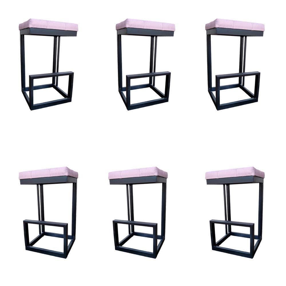 Kit 06 Banquetas Londres Base De Ferro Sued Rosa Bebê D`classe Decor