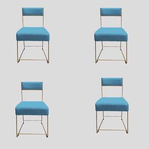 Kit 04 Cadeiras Atena Base De Ferro Maciço Dourada Suede Azul Tiffany D`classe Decor