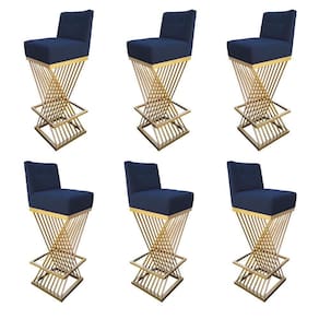 Kit 06 Banquetas Luma Base De Ferro Sued Azul Marinho D`classe Decor