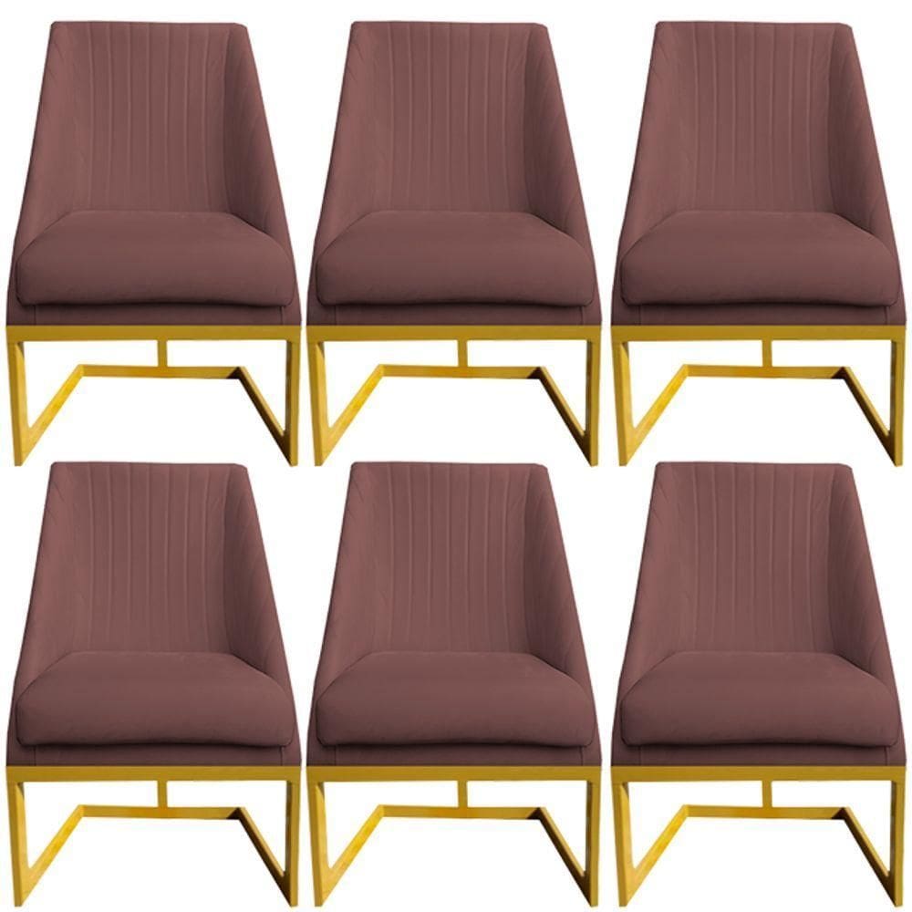 Kit 06 Cadeiras Para Sala De Jantar Ana Base De Ferro Veludo Rosê D`classe Decor