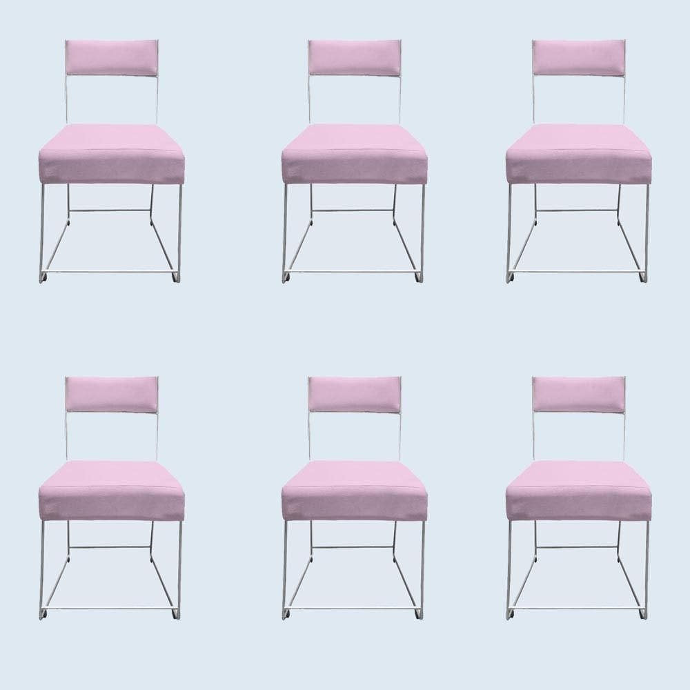 Kit 06 Cadeiras Atena Base De Ferro Maciço Prata Suede Rosa Bebê D`classe Decor