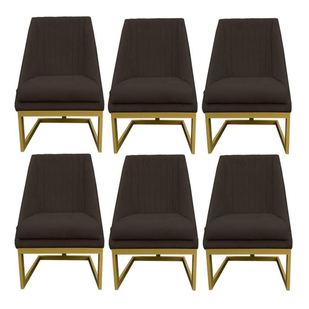 Kit 06 Cadeiras Para Sala De Jantar Ana Base De Ferro Suede Marrom D`classe Decor
