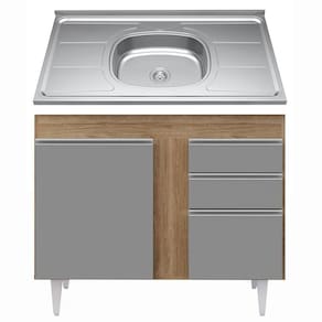 Balcão Gabinete Com Pia Inox 100cm 2 Portas 2 Gavetas Luziania Castanho-cinza - Lumil