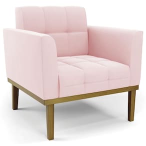 Poltrona Decorativa Base Madeira Castanho Ana Suede Rosa Bebê - Ibiza
