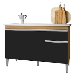 Balcão De Cozinha Com Pia Inox 120cm 1 Gaveta Tatiane Amêndoa-preto - Ajl Móveis