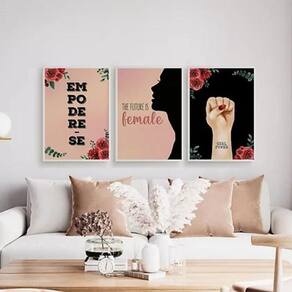 Kit 3 Quadros Feministas Empodere-Se 45X34Cm Madeira Branca