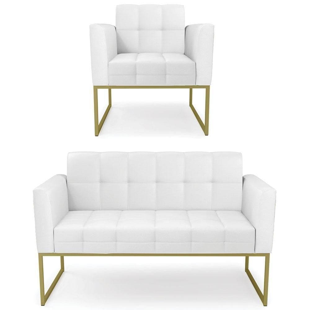 Sofá Namoradeira E 1 Poltrona Base Industrial Dourado Ana Sintético Branco - Ibiza