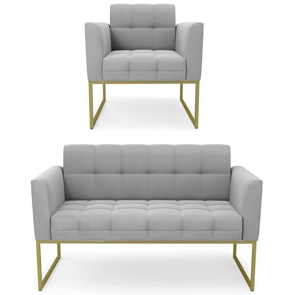 Sofá Namoradeira E 1 Poltrona Base Industrial Dourado Ana Suede Cinza - Ibiza