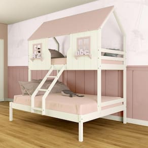 Beliche Casal/ Solteiro Casinha Encantada Madeira Maciça Branco/ Rosa Megamobilia