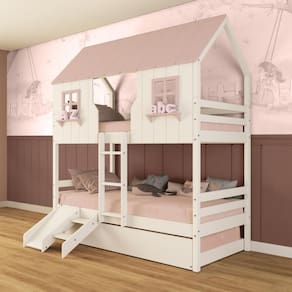 Treliche Casinha Encantada Com Kit Escada/ Escorregador Madeira Maciça Branco/ Rosa Megamobilia