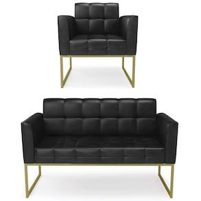 Sofá Namoradeira E 1 Poltrona Base Industrial Dourado Ana Sintético Pu Preto - Ibiza
