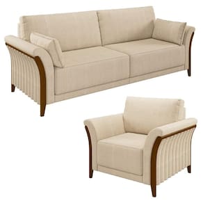 Kit Sofá Living 3 Lugares E Poltrona 102cm Pés Madeira Roya M22 Linho Champanhe - Mpozenato