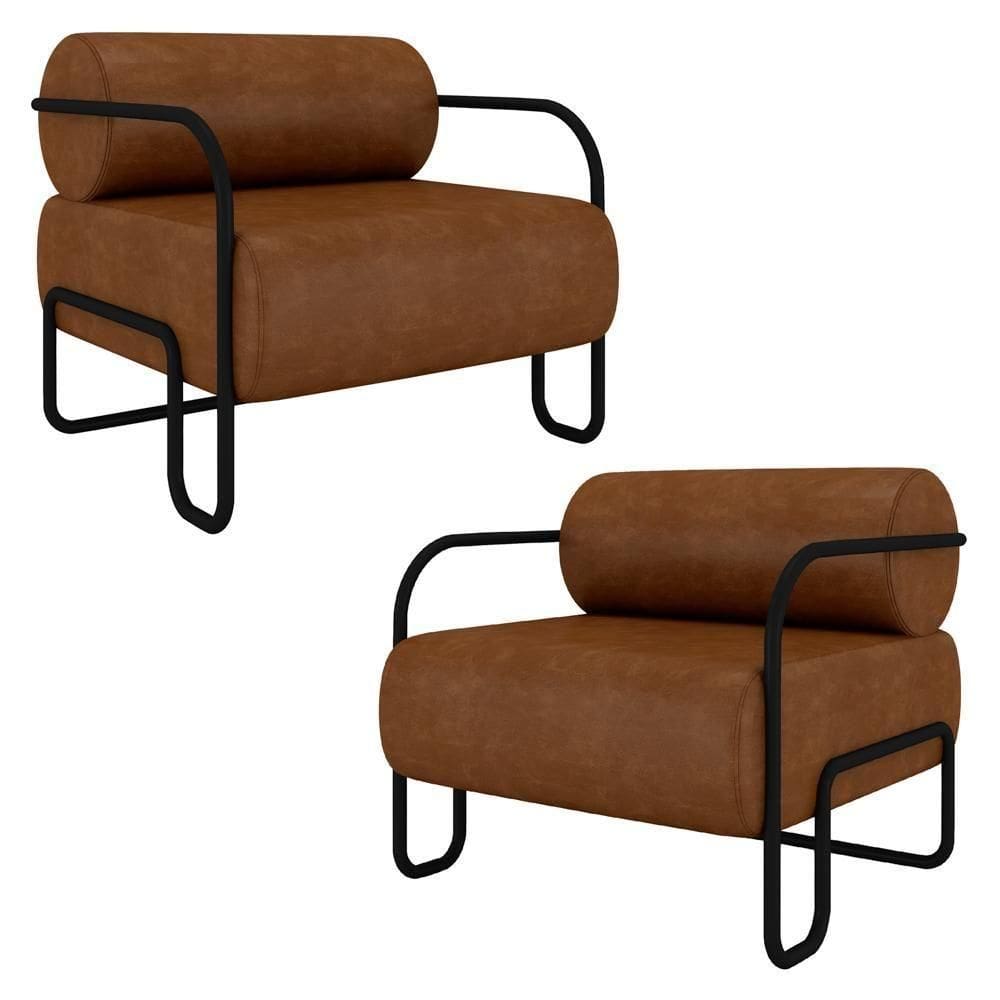 Poltrona Decorativa Para Sala Industrial Kit 2 Kira K04 Sintético Marrom - Mpozenato