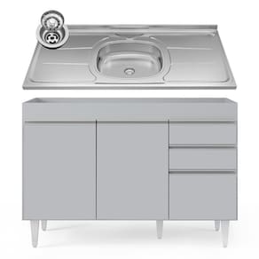 Balcão De Cozinha Com Pia Inox 120cm 3 Portas Michigan Cinza Claro - Lumil