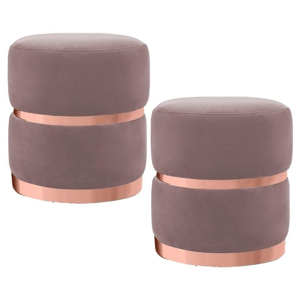 Kit 2 Puffs Decorativos Com Cinto E Aro Rosê Round C-305 Veludo Rosê - Domi