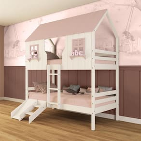 Beliche Casinha Encantada Com Kit Escada/ Escorregador Madeira Maciça Branco/ Rosa Megamobilia