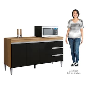 Balcão De Cozinha Com Tampo 150cm 3 Gavetas Andréia Amêndoa-preto - Ajl Móveis