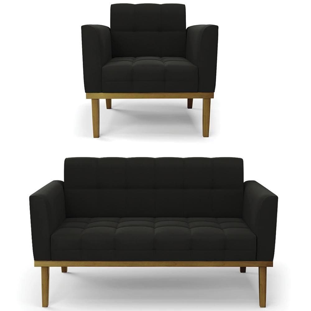 Sofá Namoradeira E 1 Poltrona Base Madeira Castanho Ana Suede Preto - Ibiza