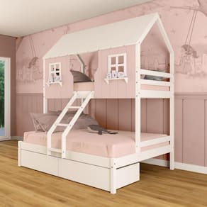 Beliche Casal/ Solteiro Casinha Encantada Com 02 Gavetas Madeira Maciça Rosa/ Branco Megamobilia