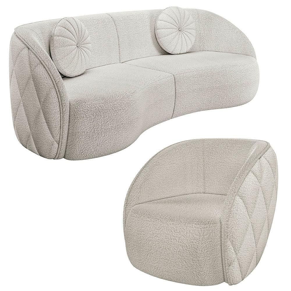 Sofá Decorativo 3 Lugares 240cm Com Almofadas E Poltrona Zion M22 Boucle Branco - Mpozenato