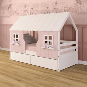 Cama Casinha Encantada Com 02 Gavetas Madeira Maciça Rosa/ Branco Megamobilia