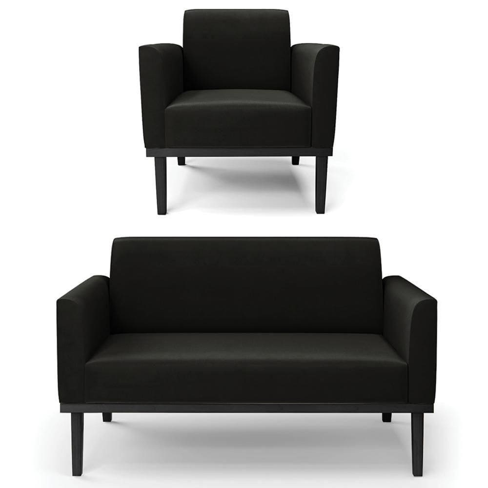 Sofá Namoradeira E 1 Poltrona Base Madeira Preto Maressa Suede Preto - Ibiza