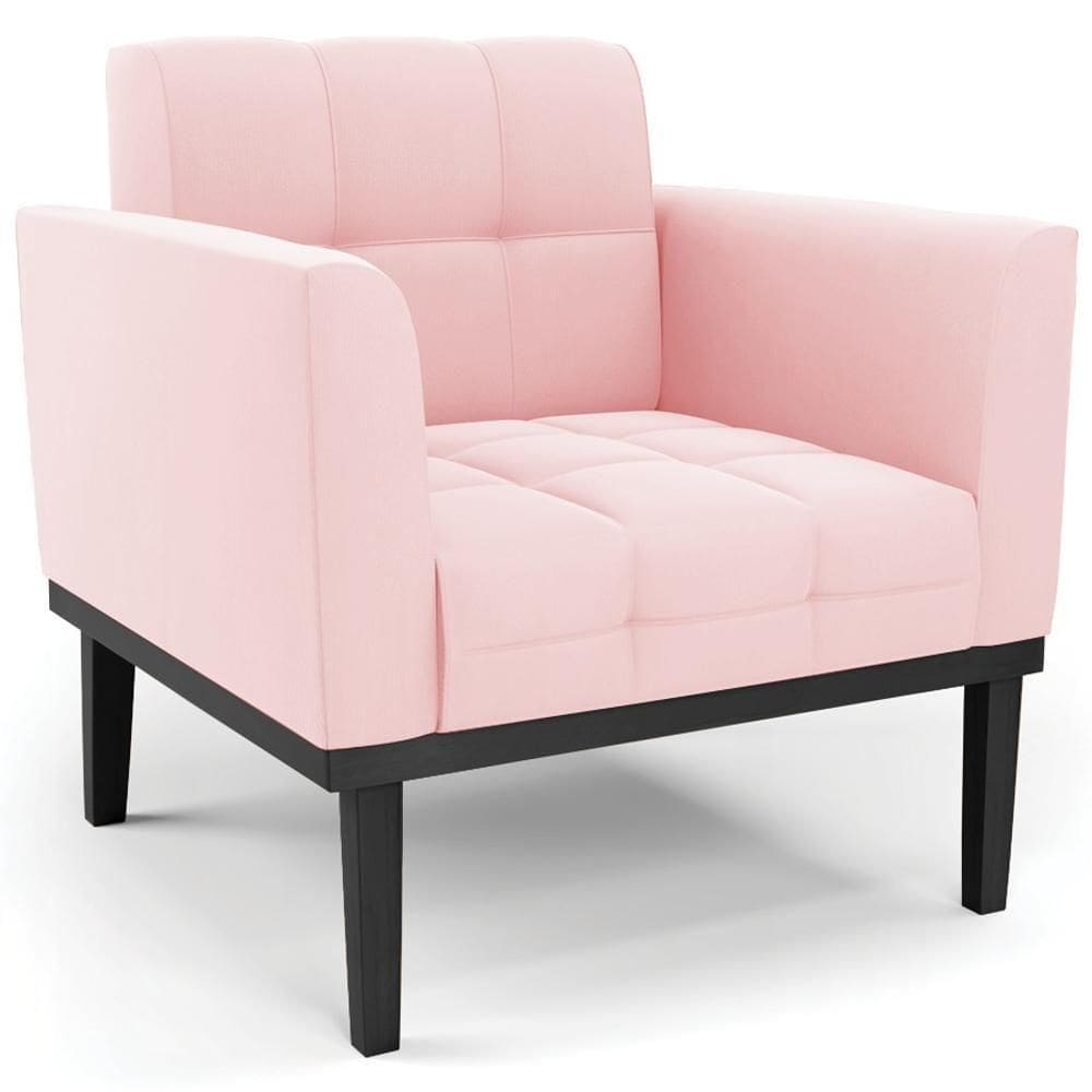 Poltrona Decorativa Base Madeira Preto Ana Suede Rosa Bebê - Ibiza